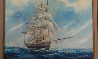 Flipper Ship Yacht Sail Boat Old Vintage Oil Painting Canvas Signed Hydan Framed