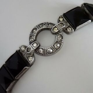 Antique Art Deco Diamonbar Sterling Silver Black Glass Paste Rhinestone Bracelet