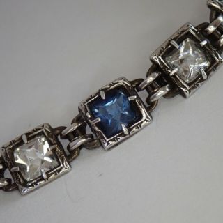 Antique Art Deco Sterling Silver Sapphire Crystal Paste Rhinestone Bracelet