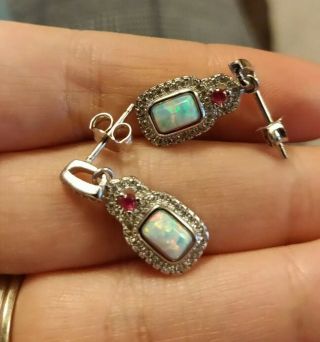 Stunning Vintage Stamped Jewellery Gilson Opal Ruby 925 Silver Dropper Earrings
