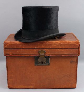 Antique Brooks Brothers,  Silk Top Hat & Collins Fairbanks Leather Hat Box Chest