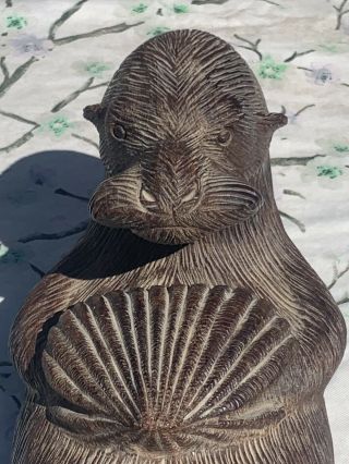 Vintage Wood Carved Sea Otter With Abalone Shell Wild Animal Sculpture Art
