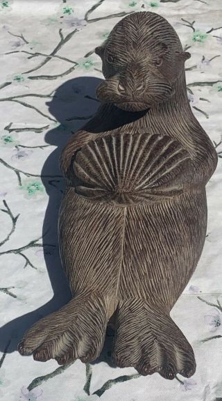 Vintage Wood Carved Sea Otter With Abalone Shell Wild Animal Sculpture Art 2