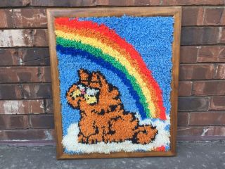 Vintage Completed & Framed Garfield Latch Hook Yarn Art Over The Rainbow 24x20