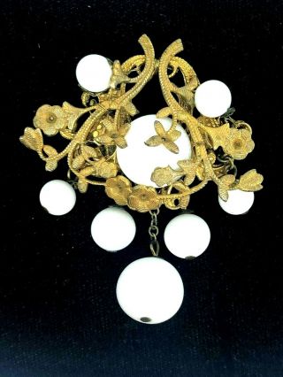 Vintage Signed Miriam Haskell Gold Tone White Glass Pin Brooch W /bead Dangles