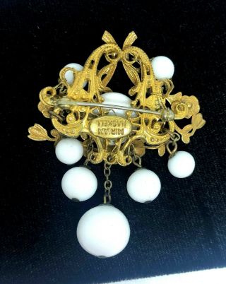 VINTAGE SIGNED MIRIAM HASKELL GOLD TONE WHITE GLASS PIN BROOCH W /BEAD DANGLES 2