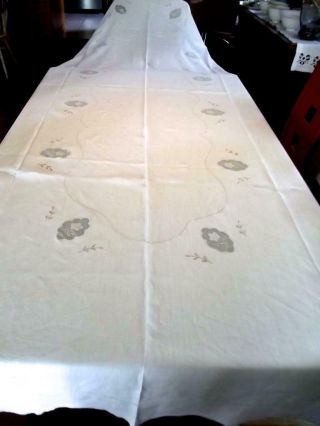 Vintage Madeira Linen 63x118 Banquet Tablecloth Organdy Inserts Floral Embroider