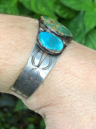 RARE 1920/30’S NAVAJO INDIAN SILVER & BLUE & GREEN TURQUOISE CUFF BRACELET 3