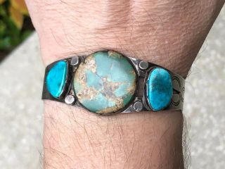 RARE 1920/30’S NAVAJO INDIAN SILVER & BLUE & GREEN TURQUOISE CUFF BRACELET 5