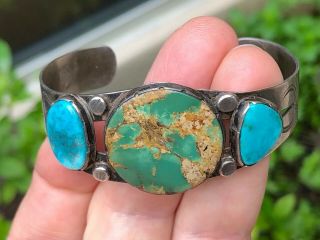 RARE 1920/30’S NAVAJO INDIAN SILVER & BLUE & GREEN TURQUOISE CUFF BRACELET 6