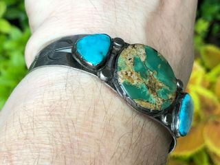 RARE 1920/30’S NAVAJO INDIAN SILVER & BLUE & GREEN TURQUOISE CUFF BRACELET 7