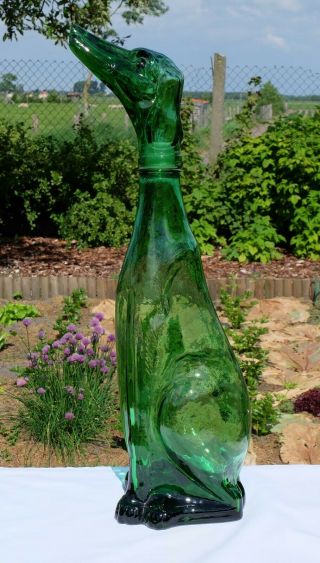 Rare Xl Vintage Green Italian Dog Shape Glass Decanter Genie Bottle Empoli 22.  6 "