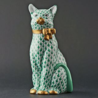 Vintage Herend Green Fishnet Cat W/ Gold Bow,  15319 Porcelain Figurine,  Nr