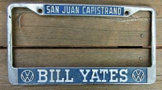 Vintage San Juan Capistrano,  Bill Yates Volkswagon Chrome License Plate Frame