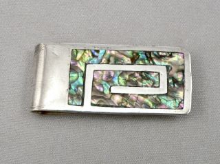 Taxco Mexico Sterling Silver Top Abalone Shell Inlay Money Clip Greek Key Beto