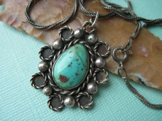 Vintage Old Pawn Turquoise & Sterling Silver Pendant On A Sterling Necklace
