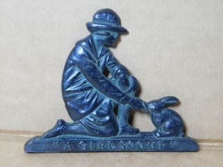 Vintage " A Girl Scout " Feeding A Rabbit Bunny Metal Plaque Early Uniform Style