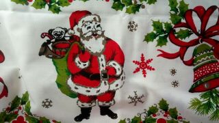 Vintage Christmas Tablecloth 60 X 74 Graphics Reindeer Santa Holly Bells Sleigh