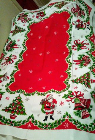 Vintage Christmas Tablecloth 60 X 74 Graphics Reindeer Santa Holly Bells Sleigh 2