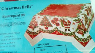 Vintage Christmas Tablecloth 60 X 74 Graphics Reindeer Santa Holly Bells Sleigh 7