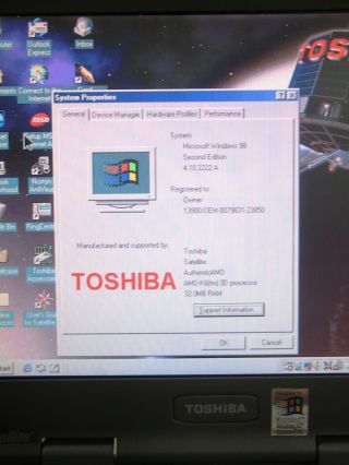 Vintage Toshiba Satellite 2100cds Laptop & Case,  Win 98se.  W/ Install.