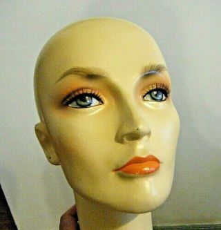 Fine 21 " H Vintage 1960s - 70s Long Neck Girl Head Mannequin Eyelashes Wood Base