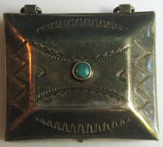 Handsome Vintage Navajo Indian Stamped Designs Silver & Turquoise Pill Box