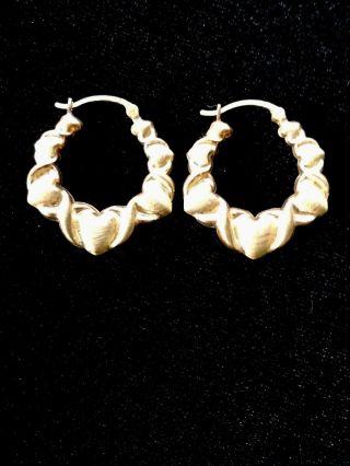 Vintage 14k Yellow Gold Brushed Heart Hoop Earrings 1 Inch