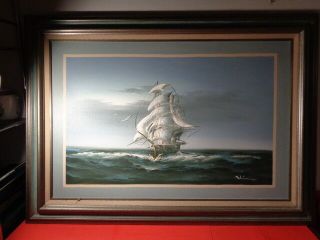 Vintage Signed Oil On Canvas Of A Clipper Ship At Sea Painting (24 By 36 ")