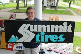 Large Vintage C.  1970 Summit Tires Gas Station 48 " Embossed Metal Sign