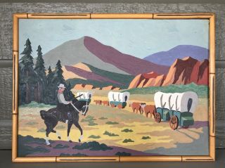 Vintage Paint By Number Cowboy Horse " Wagon Trains West " Mountains Framed 1950s