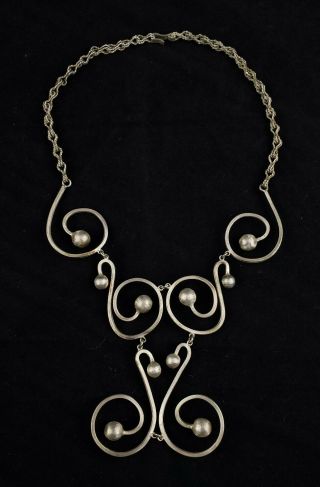 Vtg Mcm Large Hecho En Mexico Swirly Sterling Silver Chain Statement Necklace