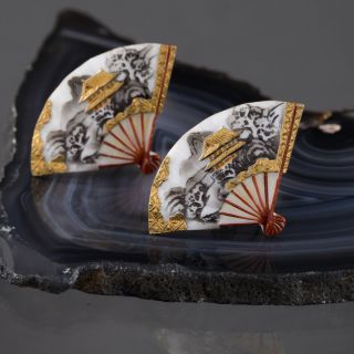 Vintage Toshikane Porcelain Fan Screwback Earrings Arita Japanese Japan Jewelry