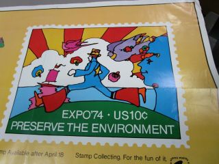 Vintage Peter Max 1974 Worlds Fair Expo Postage Stamp Advertising Poster 30 x 40 3