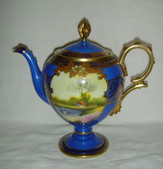 Vintage Noritake Pedestal Teapot Hand Painted Countryside Scenes & Gold Gilding