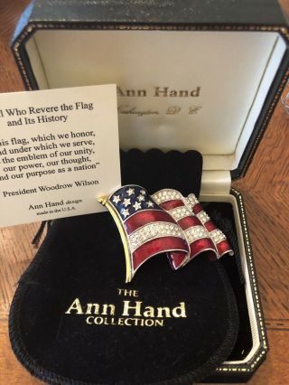 Ann Hand Enamel Rhinestone American Flag Brooch