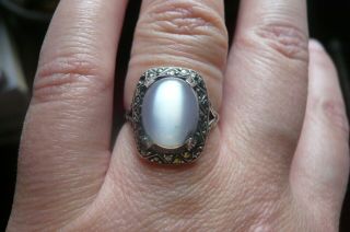 Art Deco Blue Moonstone,  8 Carat Gold,  Silver And Marcasite Ring