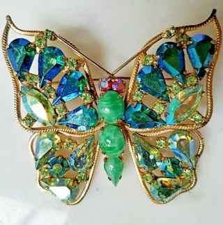 Vintage Signature Stamped Warner Butterfly Brooch Blue & Green Rhinestones 2.  25 "