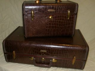 Vintage Samsonite Schwayder Bros Alligator 2 Pc Luggage Set Mcm