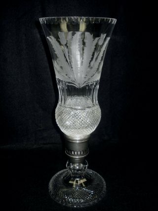 Rare Edinburgh Crystal Thistle Hurricane Lamp Etched & Cut Globe / Silver Shaft