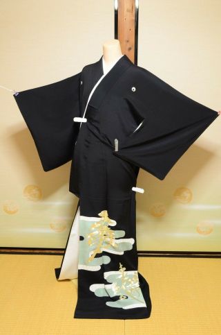 Japanese Vintage Kimono Tomesode Black Silk Women Robe Kotobuki Heavy Weight/610