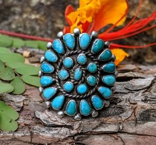 Old Pawn 1930s Vintage Navajo Sterling Silver Turquoise Cluster Ring Size 8