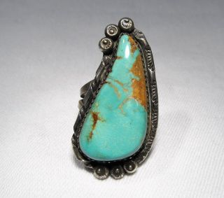 Vintage Signed R Old Pawn Navajo Sterling Silver Huge Turquoise Ring C2195