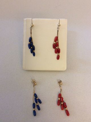 2 Pairs Of Vintage 14k Gold Pierced Dangle Earrings W/coral & Lapis Lazuli Beads