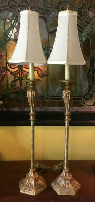 Vintage Pair Brass Column | Candlestick Lamps W|shades