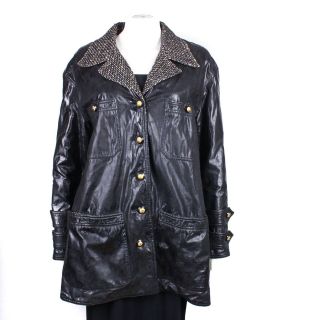Chanel Rare Black 4 Pocket Coat Vinyl Jacket Wool Interior Cc Buttons Us 10 - 42
