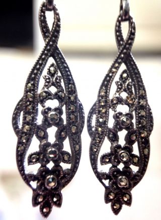 Art Deco Sterling Silver And Marcasite Delicate Drop Earrings