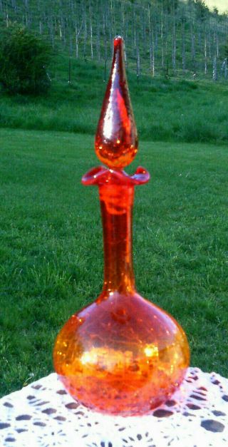 Vtg 1957 Blenko Tangerine Hand Blown Crackle Glass 14 " Decanter W/ Stopper 37