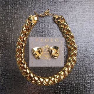 Vintage 1980s Gold Leritz Spain Collar Necklace Paolo Gucci Clip Earrings Set