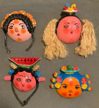 Vintage Hand Made Mexican Coconut Masks Folk Art Set Of Four Senoritas